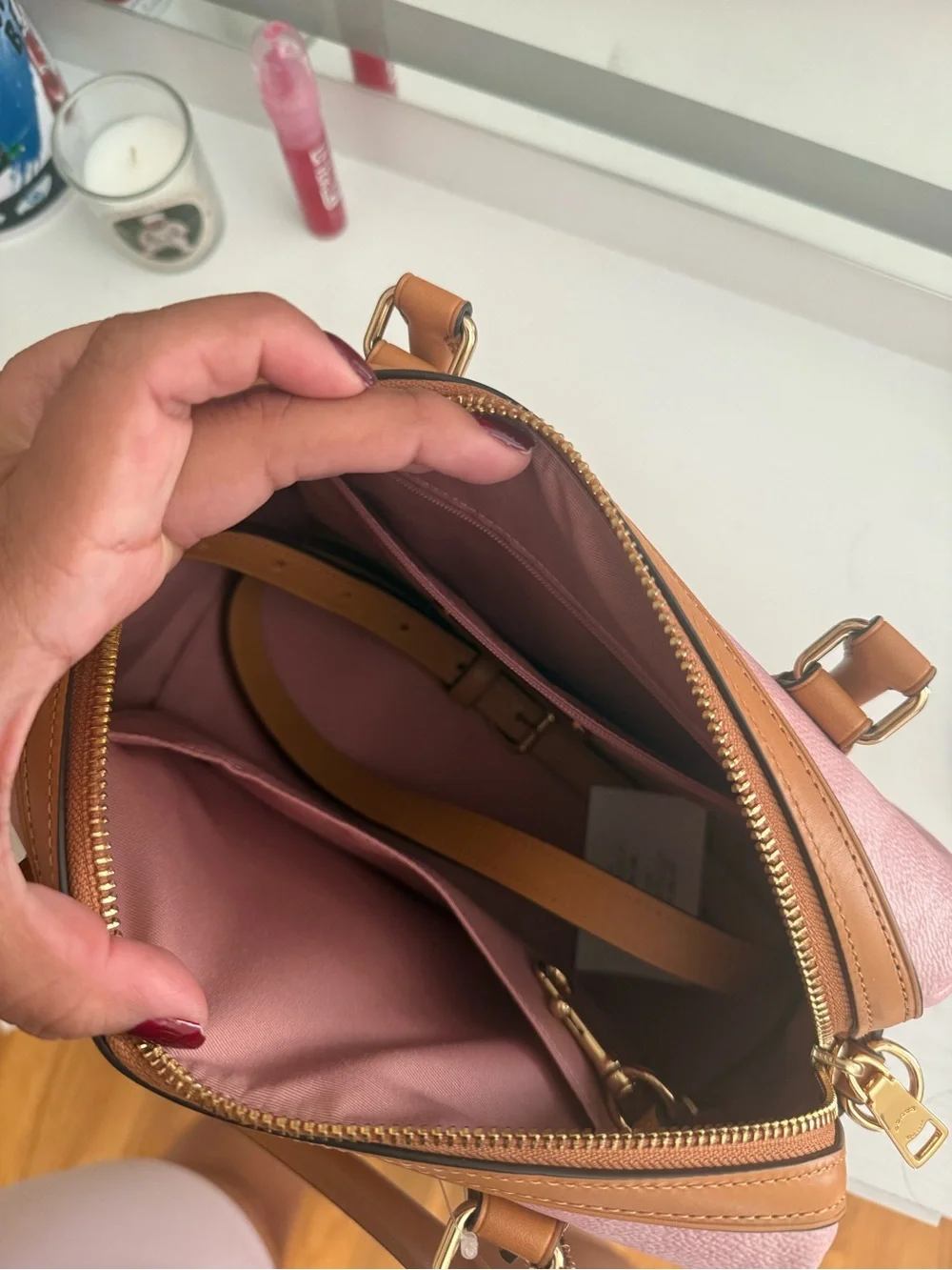Coach Pink Signature Satchel with Tan Trim and Gold Hardware